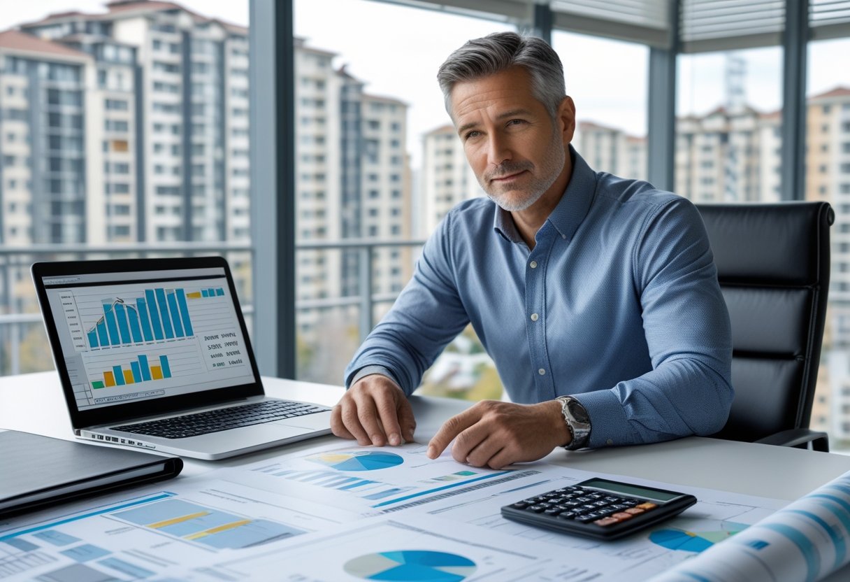 Un homme concentré examine des documents financiers liés à l'immobilier dans un bureau lumineux avec une vue sur des immeubles résidentiels en arrière-plan.