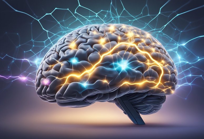 Make Better Use of Your Brainpower A brain surrounded by glowing energy, with neural pathways lighting up, connecting and firing rapidly, while information and knowledge symbols flow into it