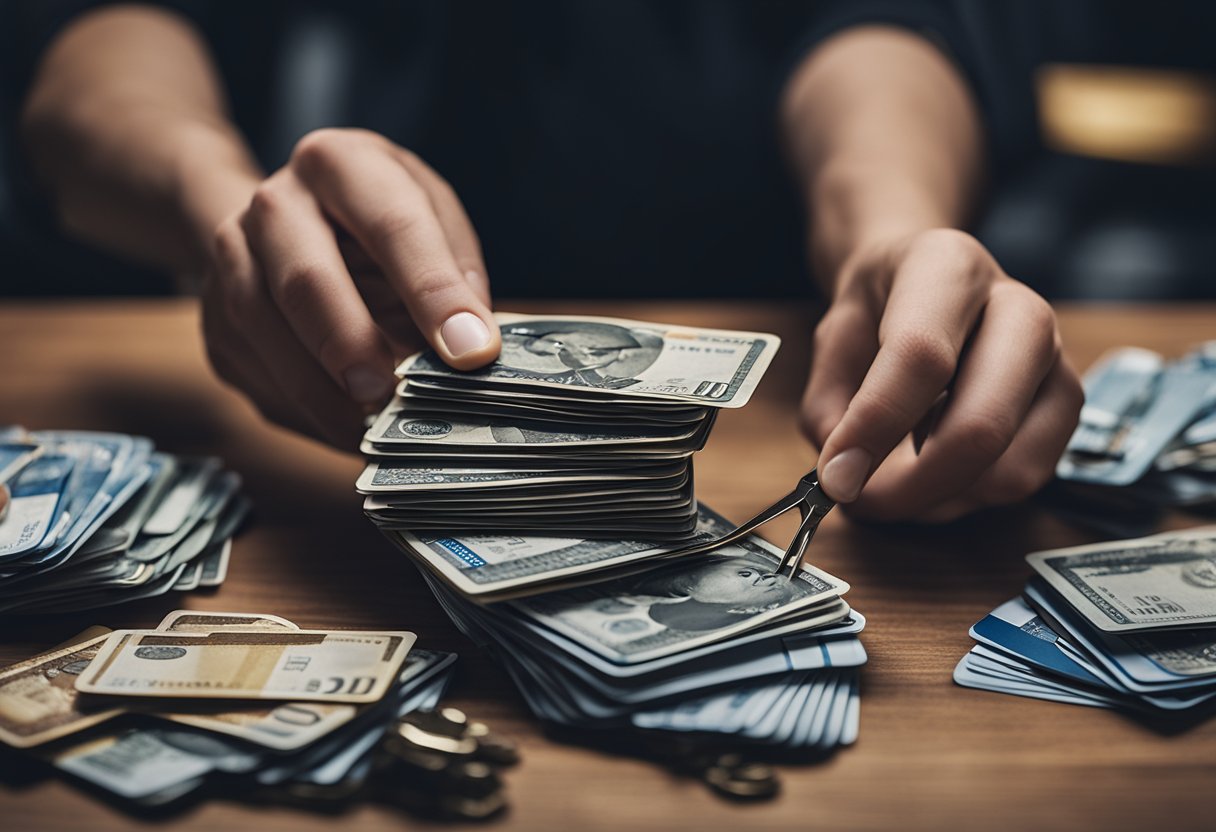 How to Reduce Credit Use: Strategies for Hispanics A person looking at a lot of credit cards, with a large pair of scissors cutting them to symbolize the reduction of credit use.
