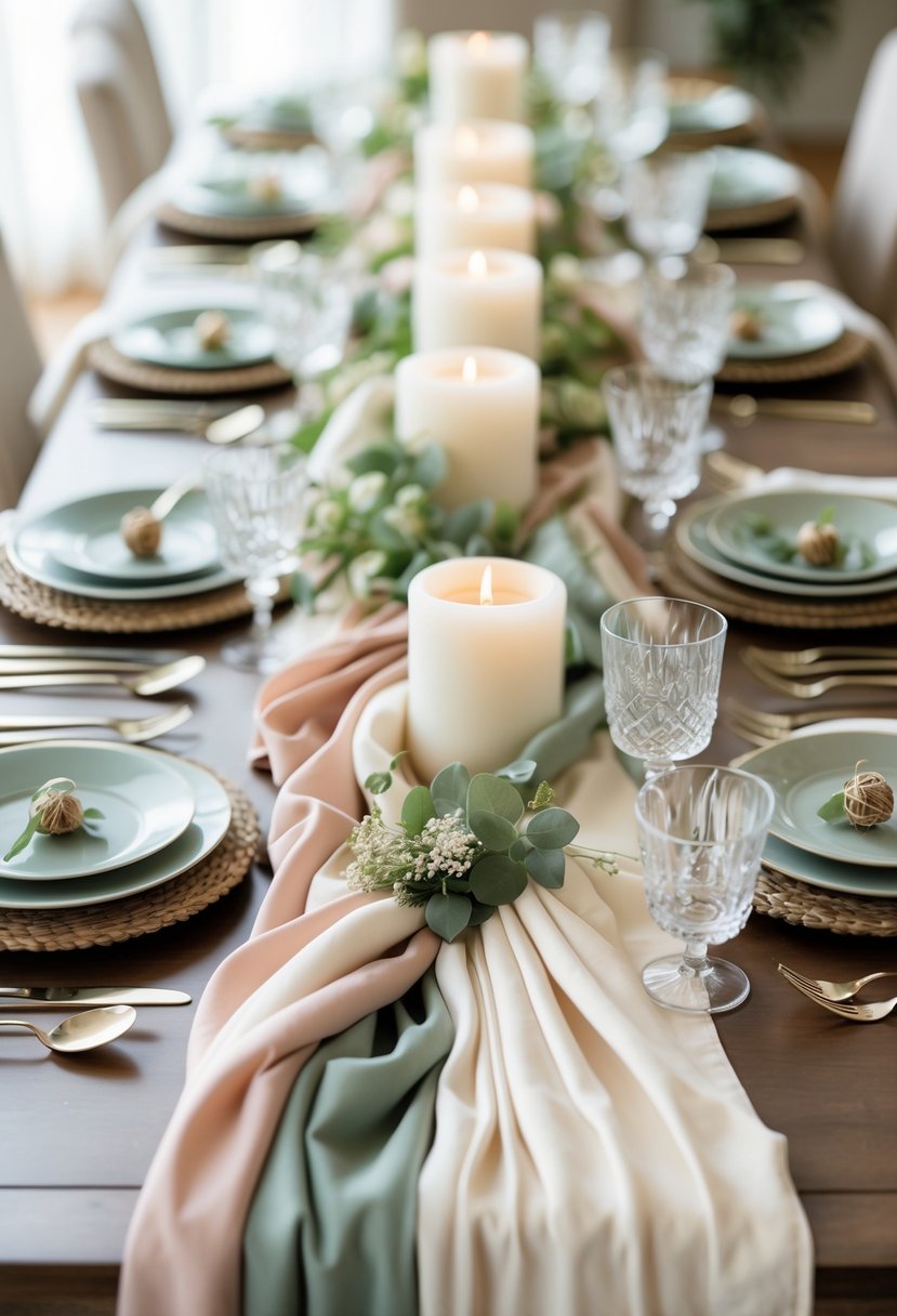 15 No-Flower Wedding Table Decoration Ideas with Fabric Runners and Layered Textures for a Stylish Reception