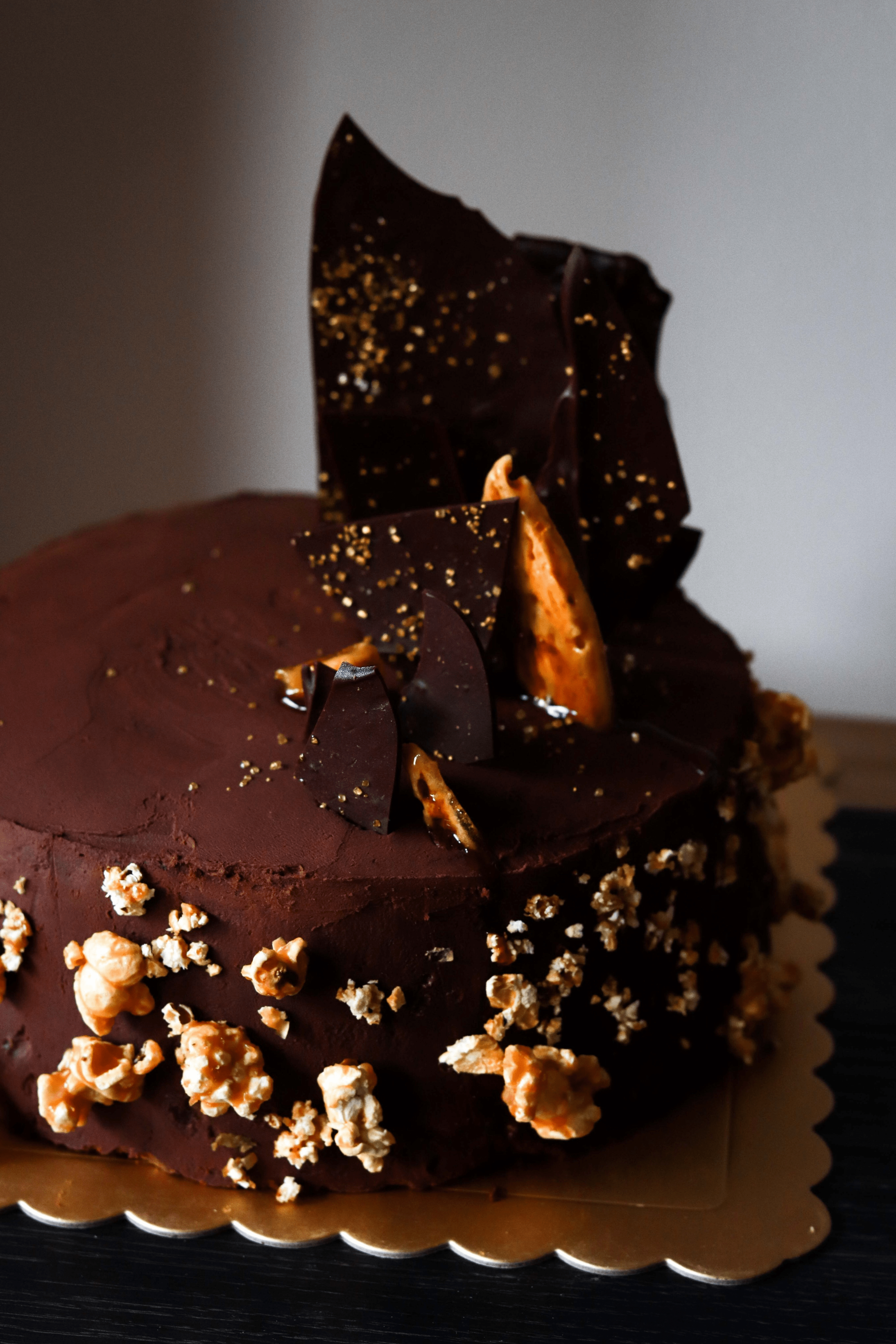 Chocolate Mud Cake with Chocolate Shards, Honey Comb and Salted Caramel Popcorn