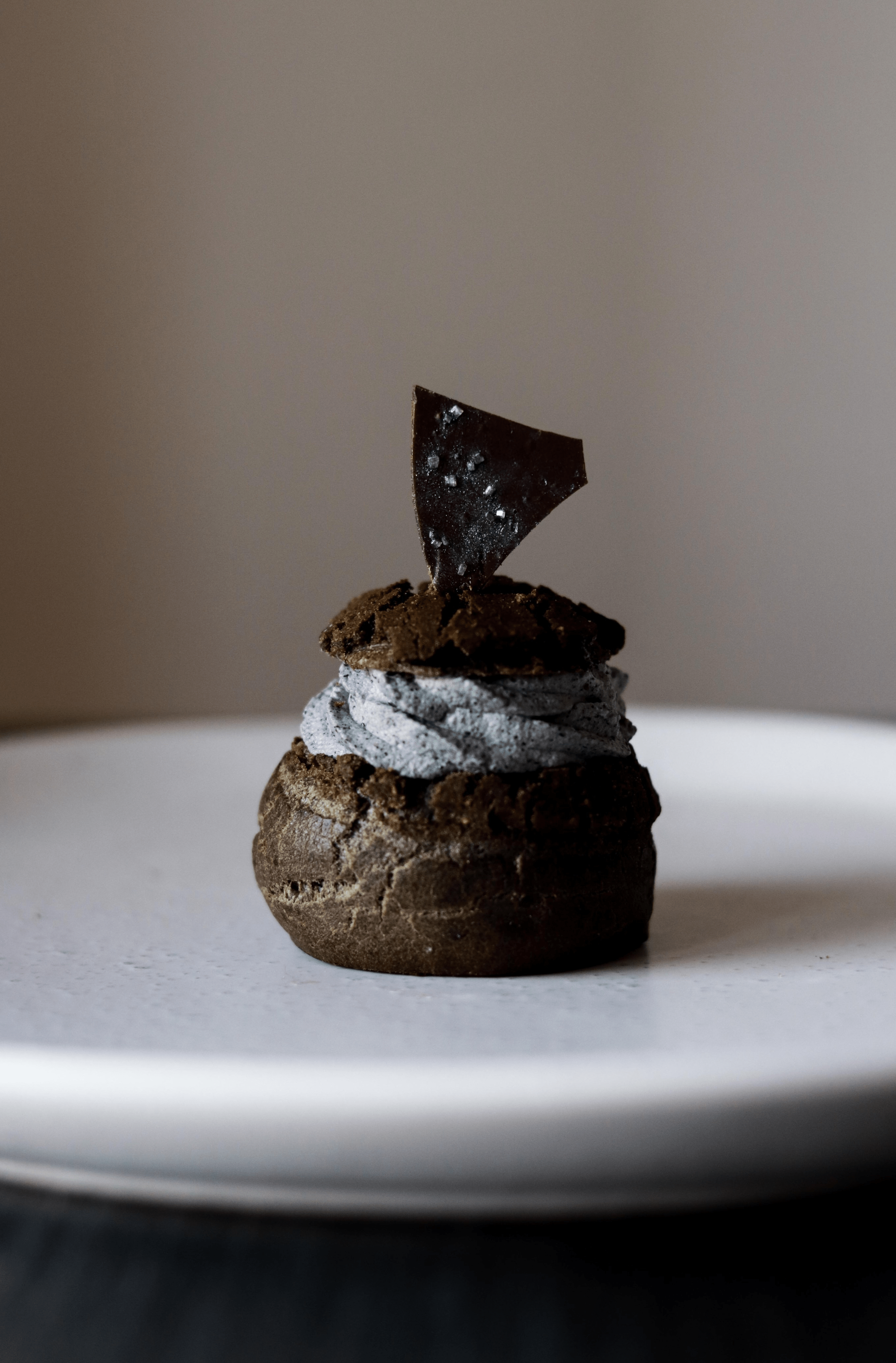 Charcoal Dark Chocolate Cream Puff with Black Sesame Chantilly Cream and Tofu Creme Patissiere
