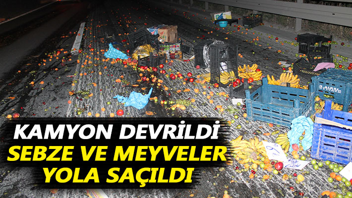 Kamyon devrildi, sebze ve meyveler yola saçıldı