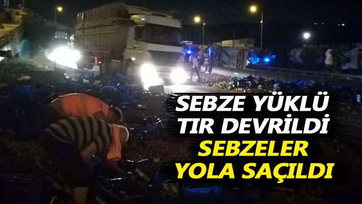 Sebze yüklü tır devrildi, sebzeler yola saçıldı