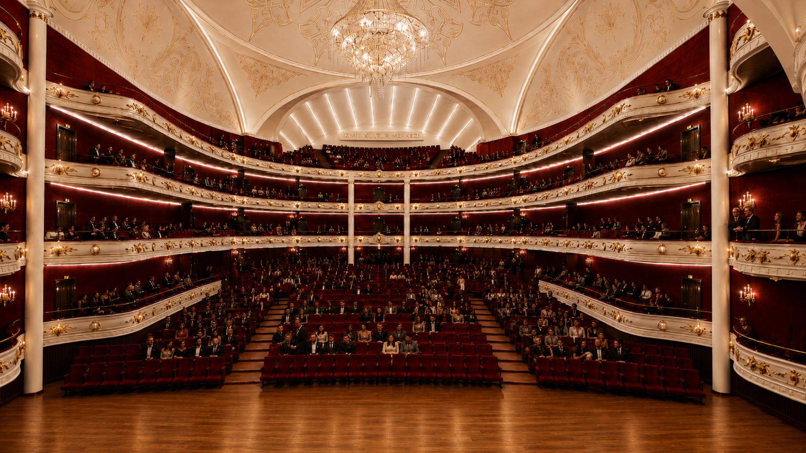 Bir opera veya tiyatro salonunun iç mekan görüntüsü, yukarıda kristal avize ile aydınlatılmış geniş bir sahne ve etrafında çok sayıda koltuk ile dolu balkonlar.