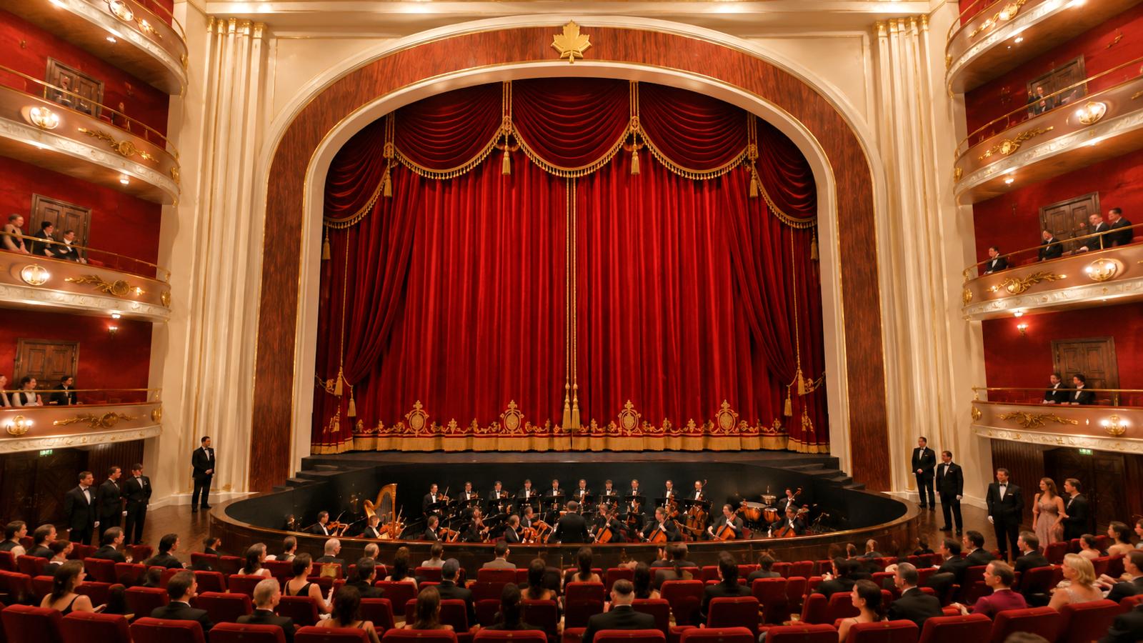 Bir konser salonunda sahne, kırmızı perde ve orkestra ile dolu. İzleyiciler, kırmızı koltuklarda oturuyor.