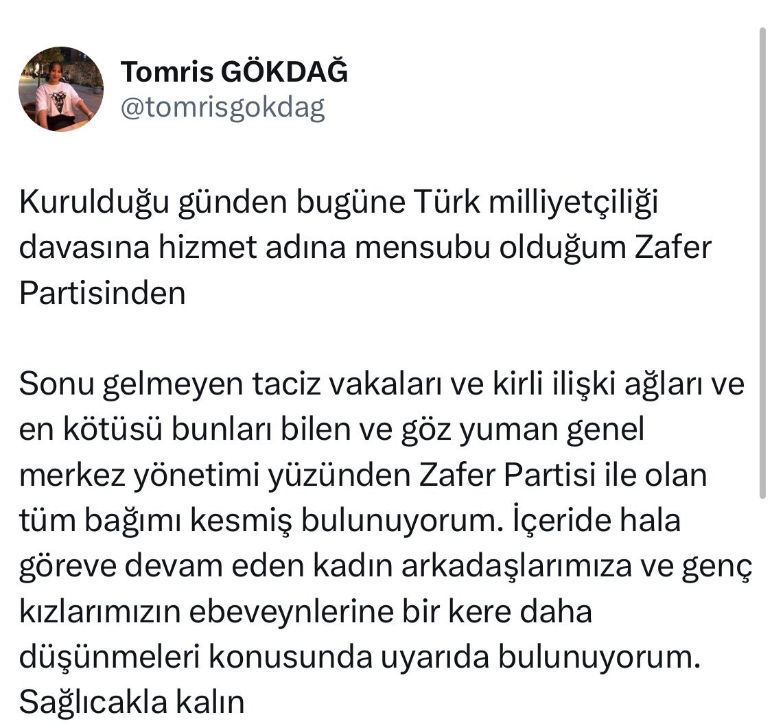 ”Sonu gelmeyen tacizler” dedi. Tomris Gökdağ Zafer Partisi’nden istifa etti