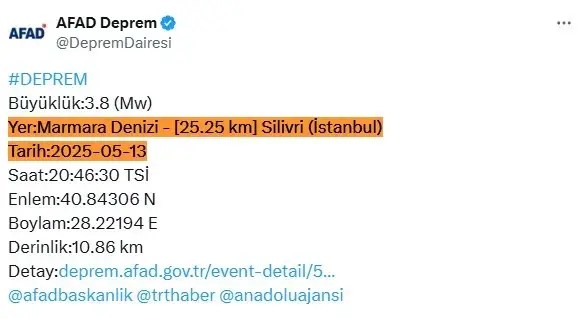 AFAD tarafından yapılan duyuruya göre, Marmara Denizi'nde Silivri açıklarında meydana gelen 3.8 büyüklüğündeki depremin detayları.