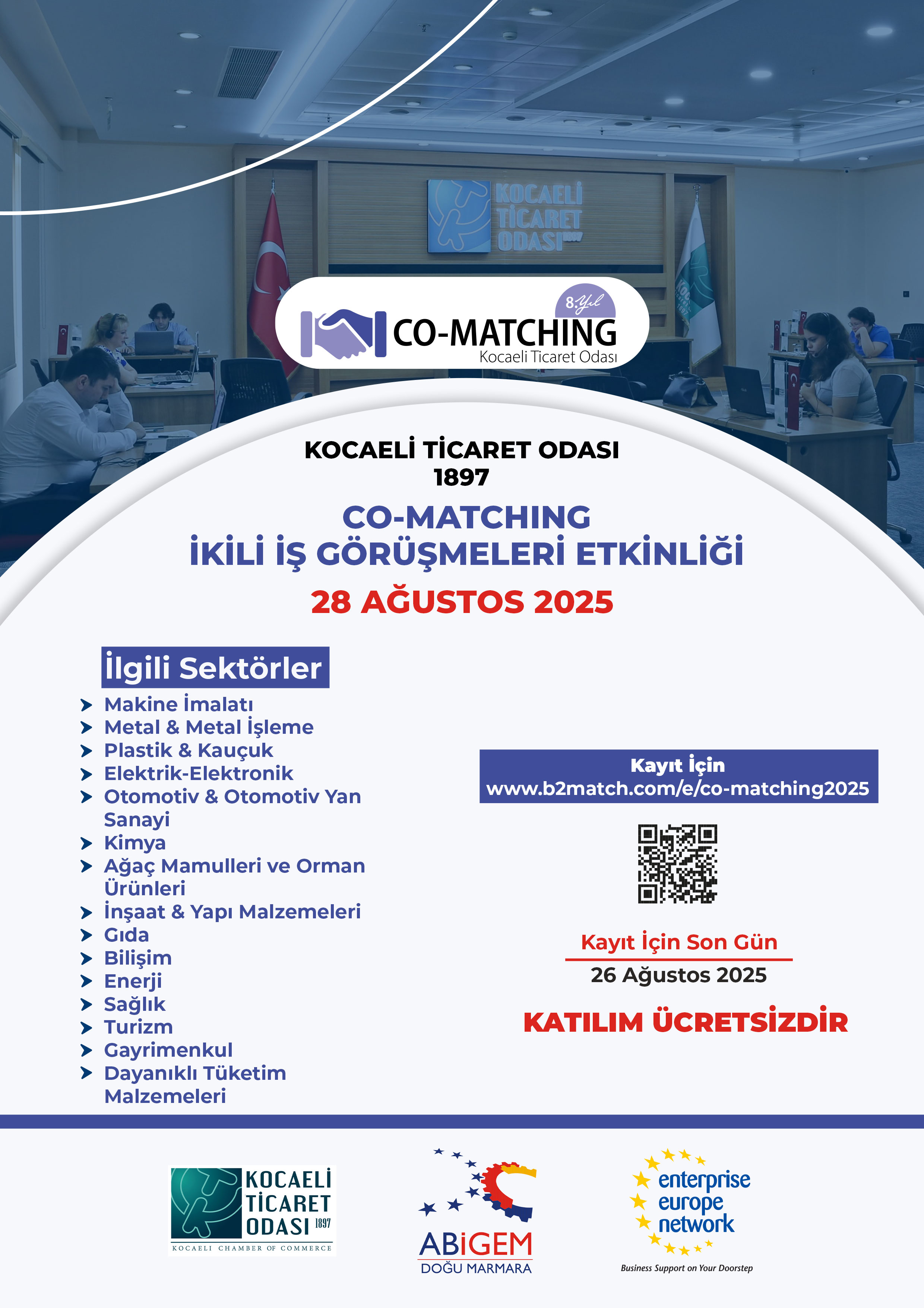 Kocaeli Ticaret Odası'nın 28 Ağustos 2025 tarihli Co-Matching etkinliği için tanıtım afişi. Etkinlik, çeşitli sektörlerden firmaların katılımıyla çevrim içi olarak gerçekleştirilecek.