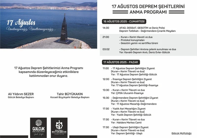 Gölcük’te 17 Ağustos Deprem Şehitleri, 26. Yılında Dualarla Anılacak