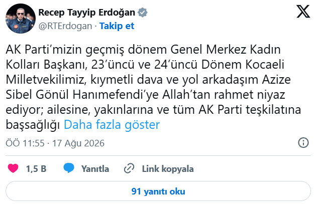 Cumhurbaşkanı Erdoğan’dan Sibel Gönül için taziye mesajı