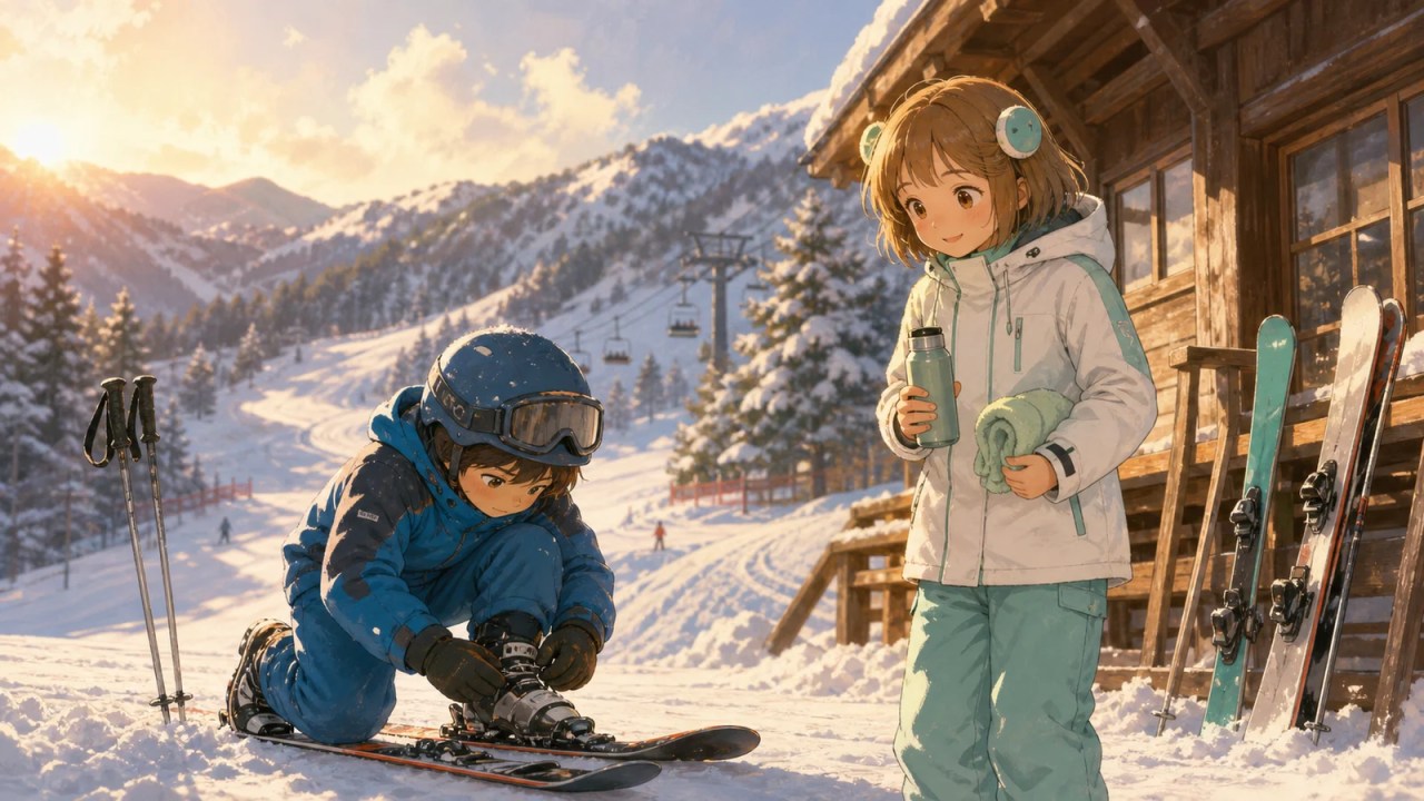 雪山で自分のスキーを調整する子どもを見守るミント