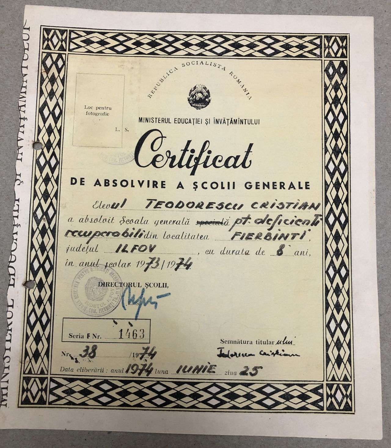 diploma absolvire scoala generala, 25 iunie 1974 – kolectionarul.ro