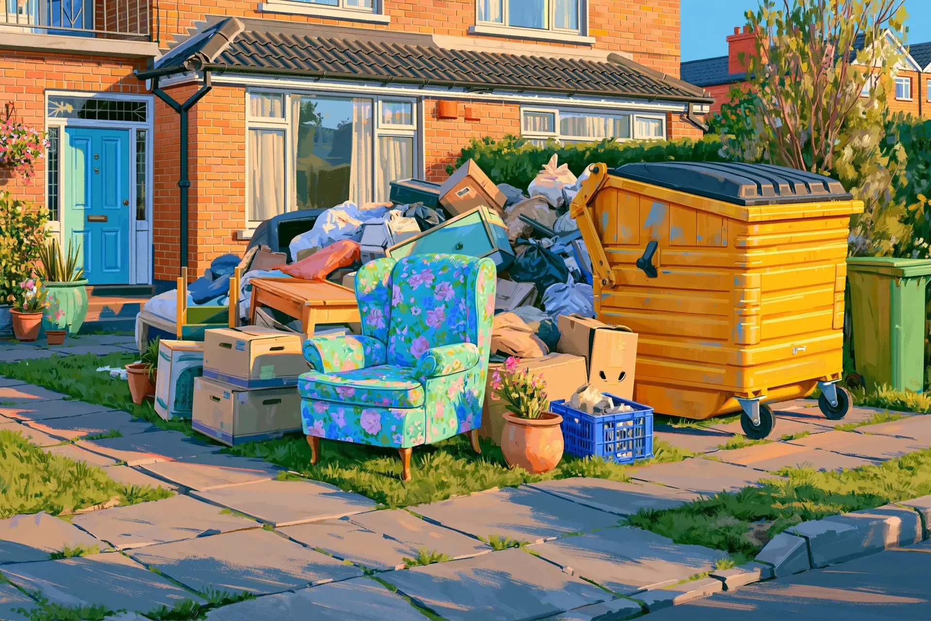 Cleared contents of a long-vacant Irish property being loaded into a skip during pre-renovation site clearance
