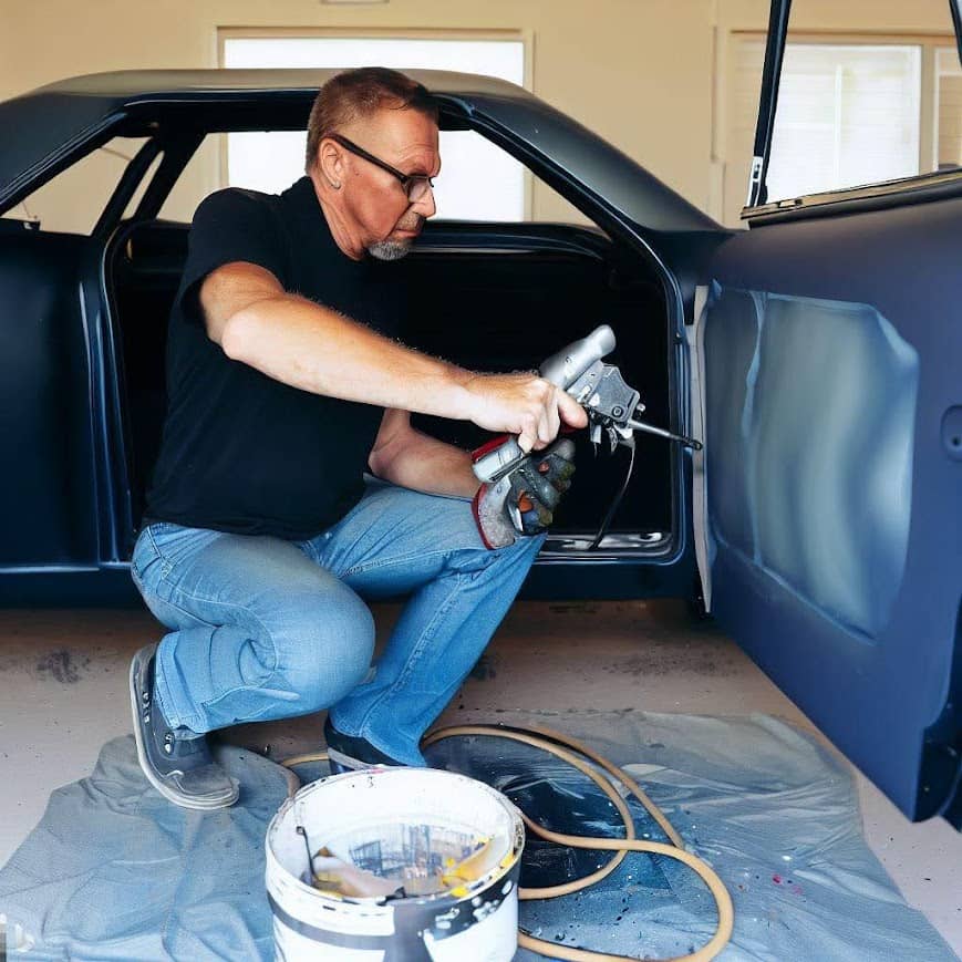Man preparing a classic muscle car door for paint during the restoration process