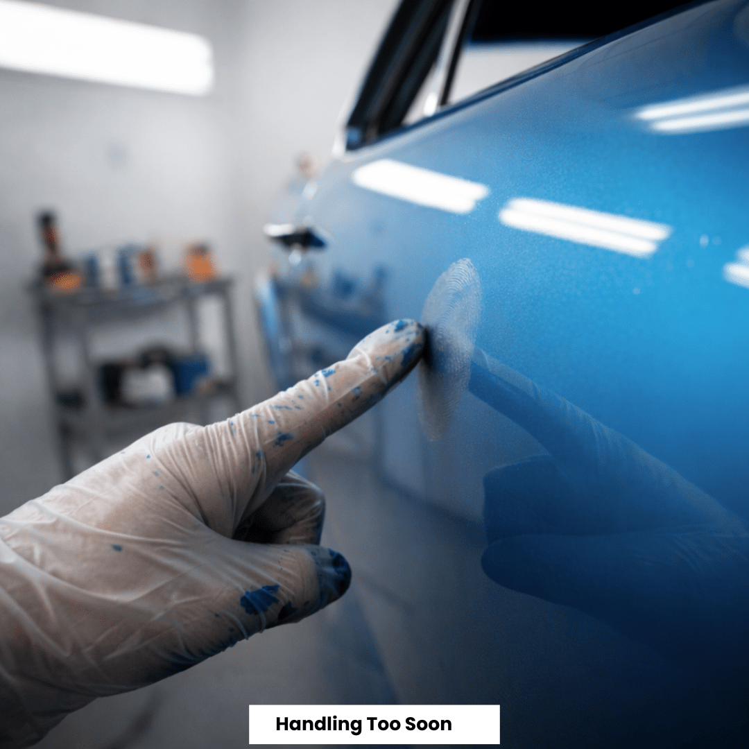 Fingerprint left in wet automotive paint caused by handling the panel before curing