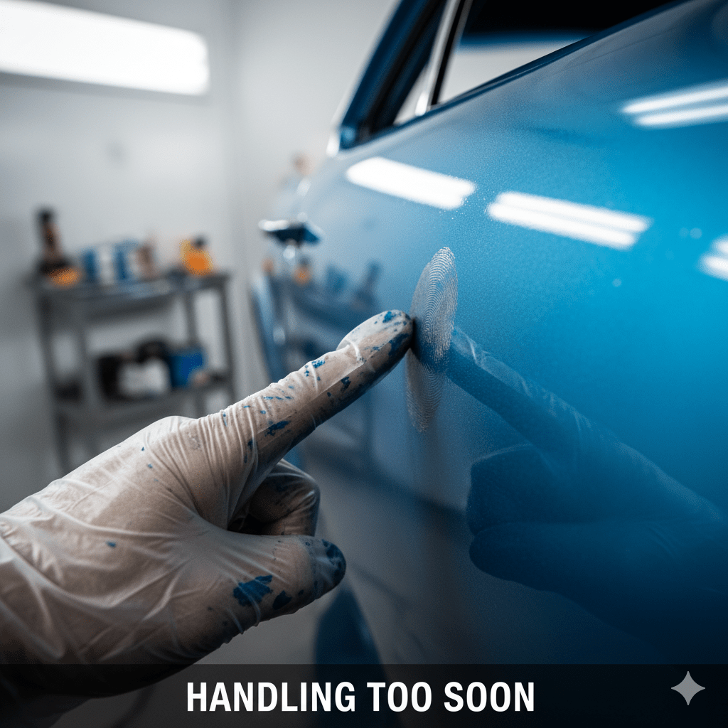 Alt Text: Fingerprint left in wet automotive paint caused by handling the panel before curing