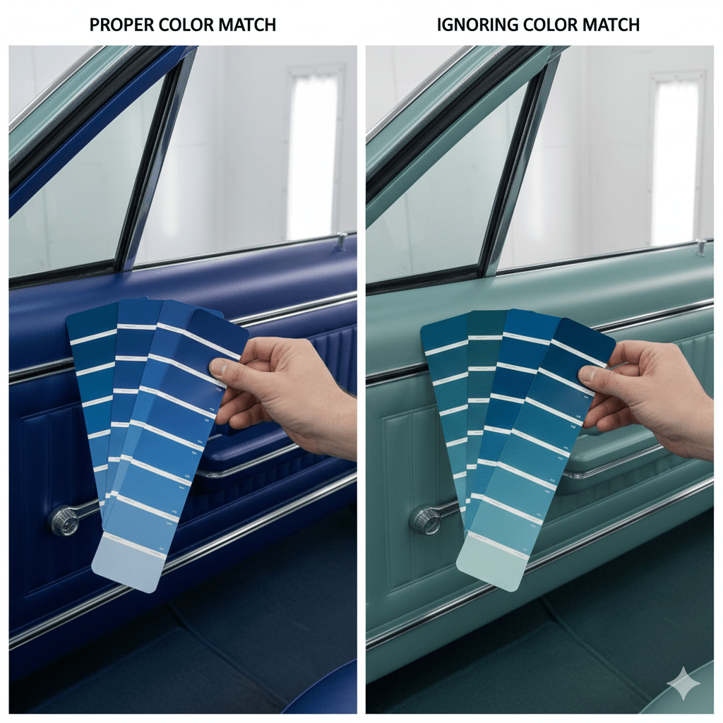 Side-by-side comparison of accurate color matching versus mismatched paint on classic car interior panels