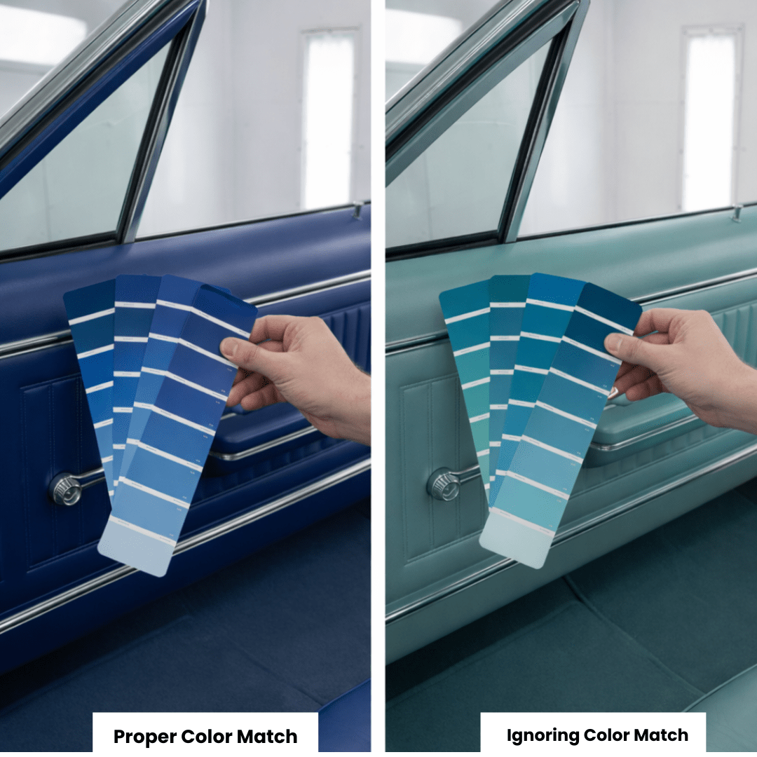 Side-by-side comparison of accurate color matching versus mismatched paint on classic car interior panels