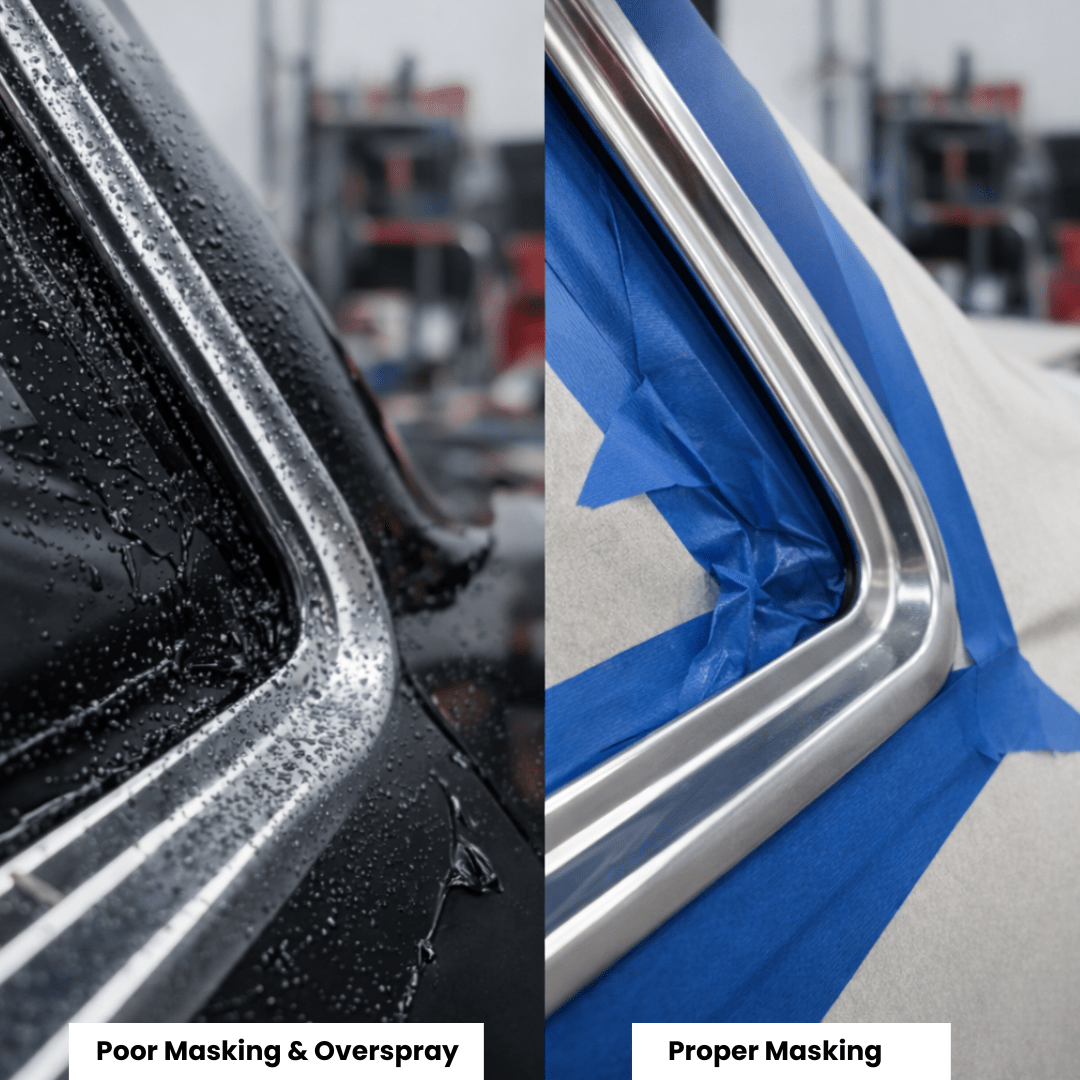Side-by-side example showing overspray from poor masking compared to clean lines created with proper masking
