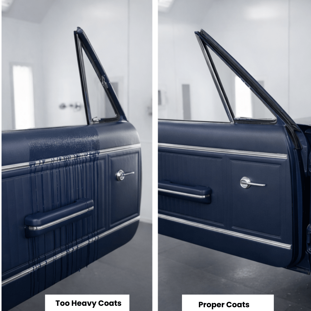 Side-by-side comparison showing paint runs from heavy coats versus smooth coverage from proper coating technique