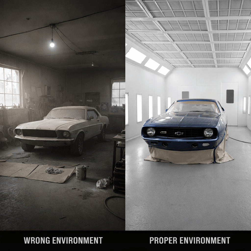 Side-by-side comparison of a dusty garage versus a professional paint booth showing proper and improper painting environments