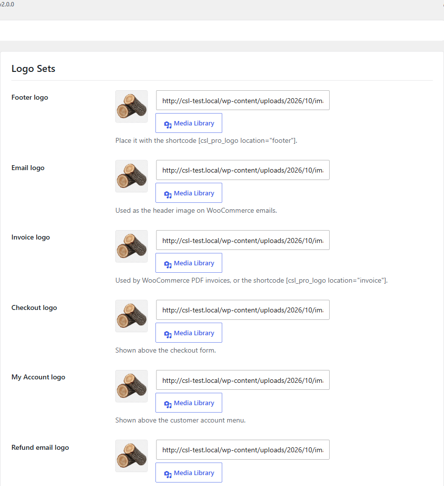 Logo Sets settings with footer, email, invoice, checkout, account, and refund logos