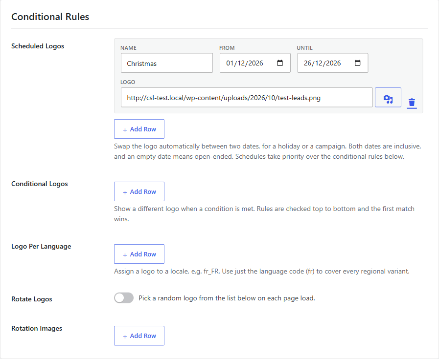 Conditional Rules settings with a Christmas schedule, conditions, language logos, and rotation
