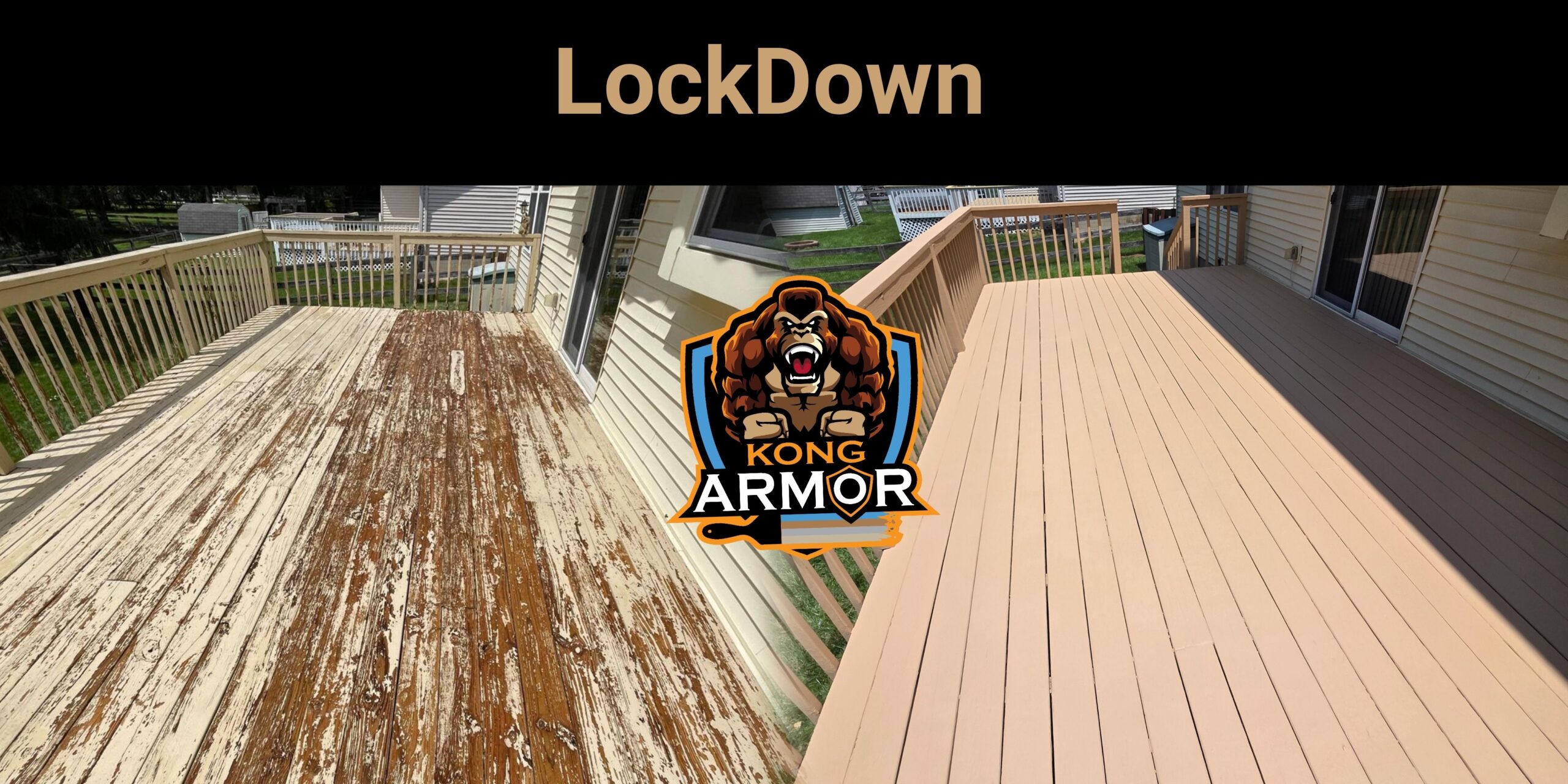 image dispalys a peeling deck before on the left and on the right a after picture of the deck encapsulated with no more peeling in a beautiful thick deck coating