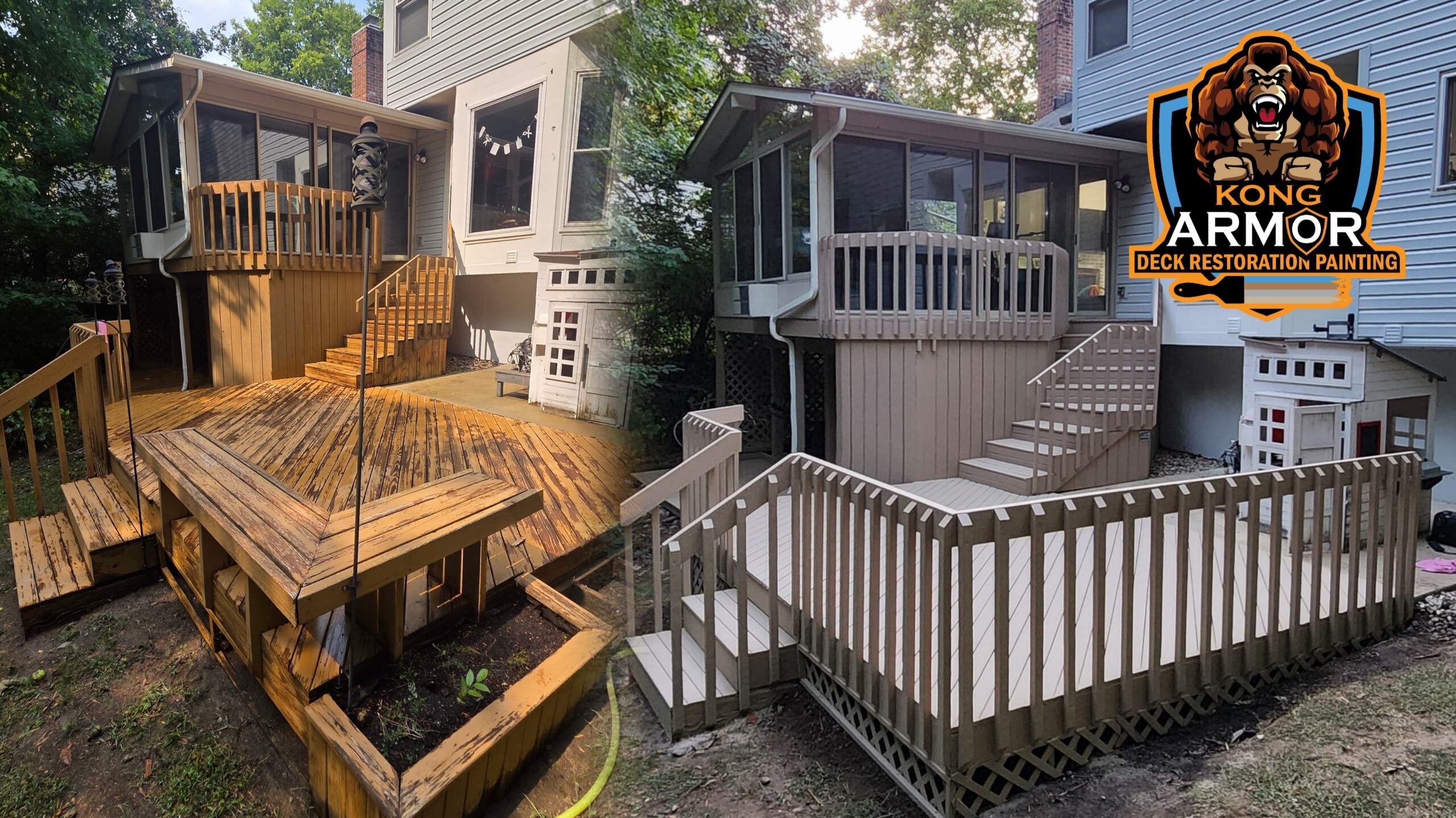 image displays a before and after collage of a deck before with peeling paint, dirty severely weathered, and after it is remodeled and painted in a thick, tough, beautiful looking deck coating called Kong Armor in a tannish gray color. The transformation is amazing deck remodeling