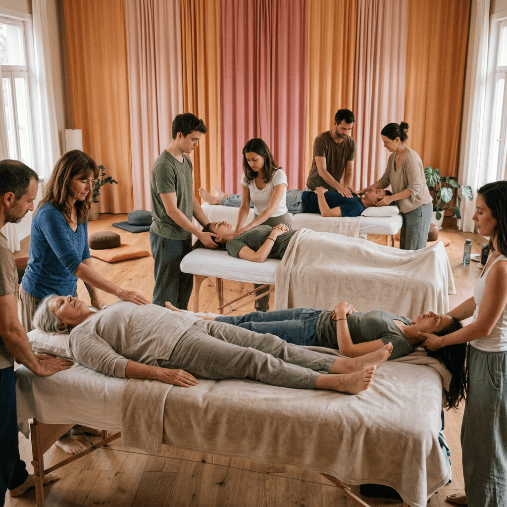 Grupo practicando sanación energética en camillas