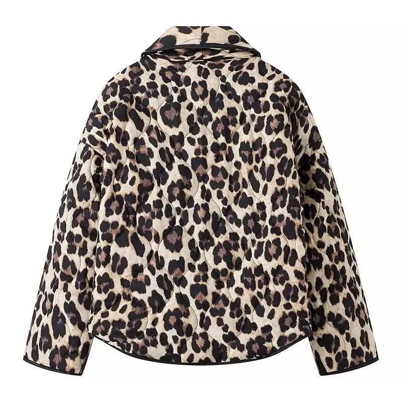 Womens Leopard-print Quilted Jacket Vintage Long-sleeve Pocket