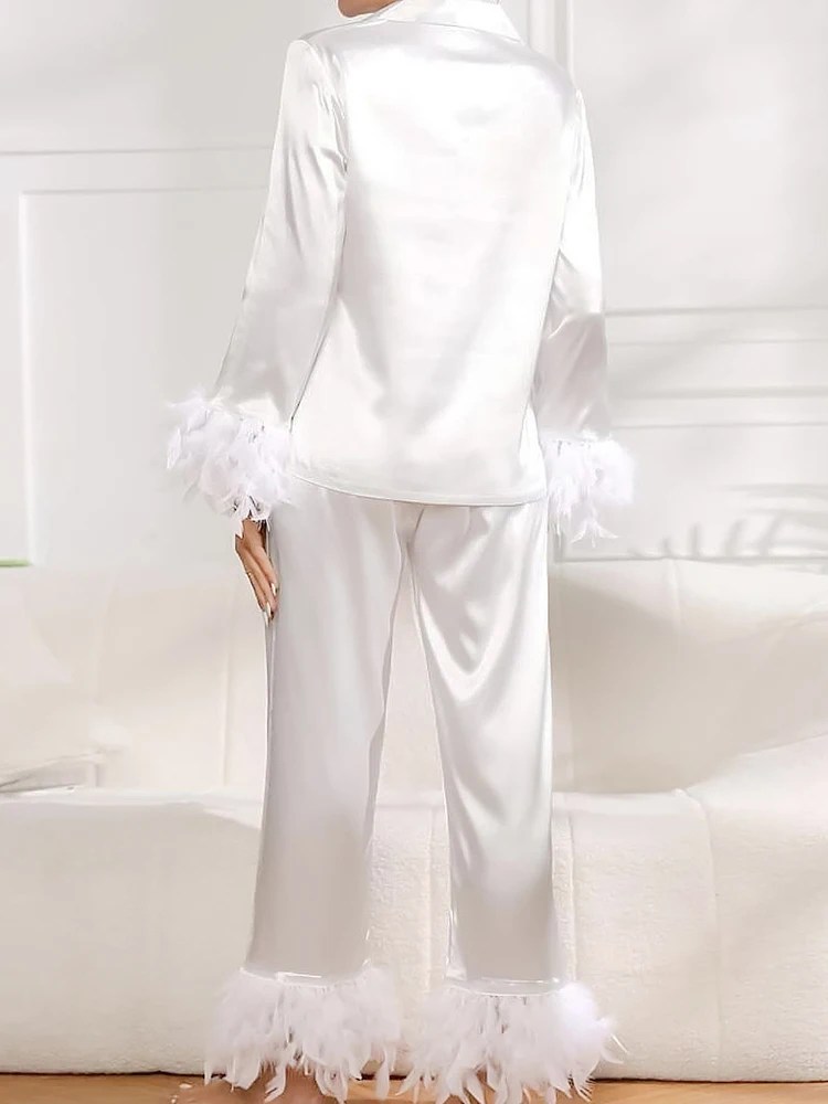 Hiloca Satin Pyjamas With Feathers - Trouser Suits High Waist Sleepwear Women Pajama Sets With Pants Single Breasted Sets Briedmaid bridal set 4