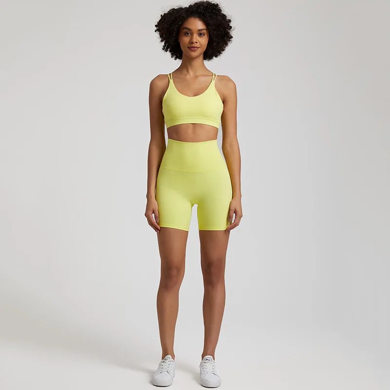 High Waist Shorts Cross Fitness Bra 2pc Short Legging Yoga Set 4