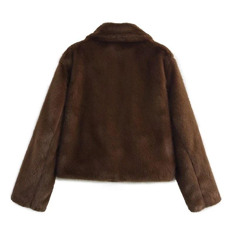 Women's Chocolate Mocha Faux Fur Short Jacket – Retro Turn-Down Collar, Pockets, Cropped Straight Blazer 1