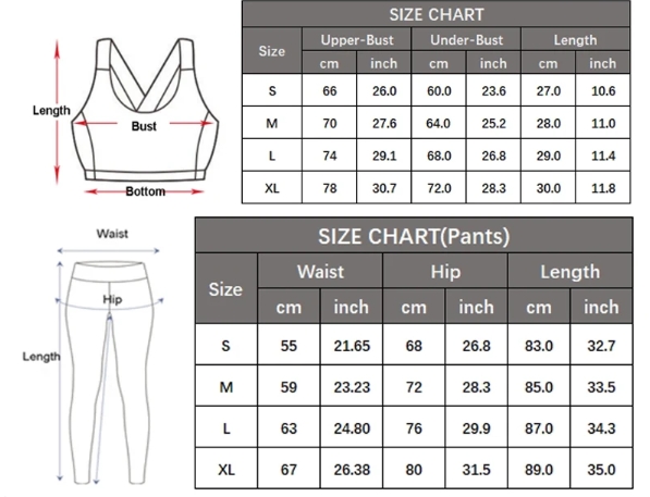 Women's clothing size chart for tops and pants.