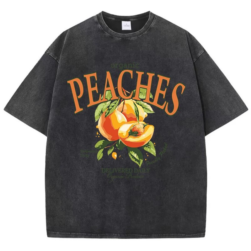 Casual Women’s Acid Wash T-Shirt – Fresh Peaches Print, Distressed Oversized Crewneck Cotton Tee 2