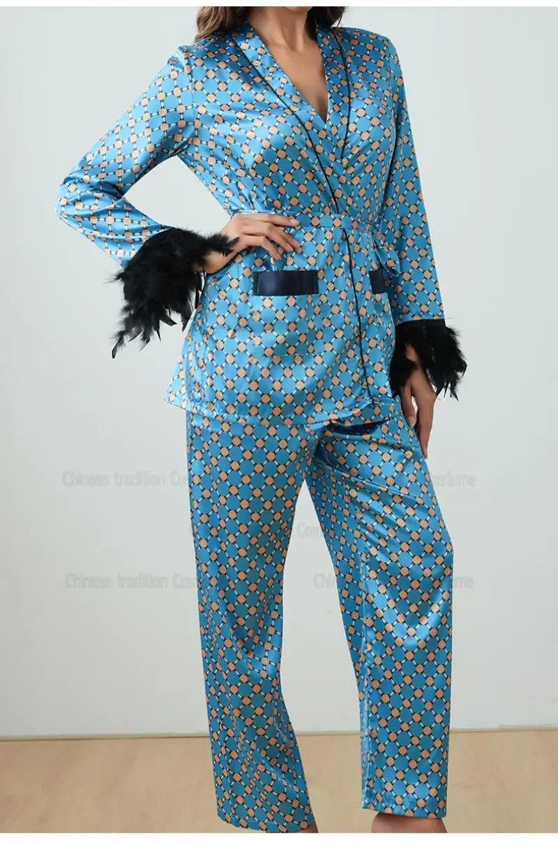 Green Sleepwear Women Elegant Long Sleeve Top Pants Print Feather Trim Pajamas Suit 2Pcs Loungewear Nightwear Satin Homewear 5