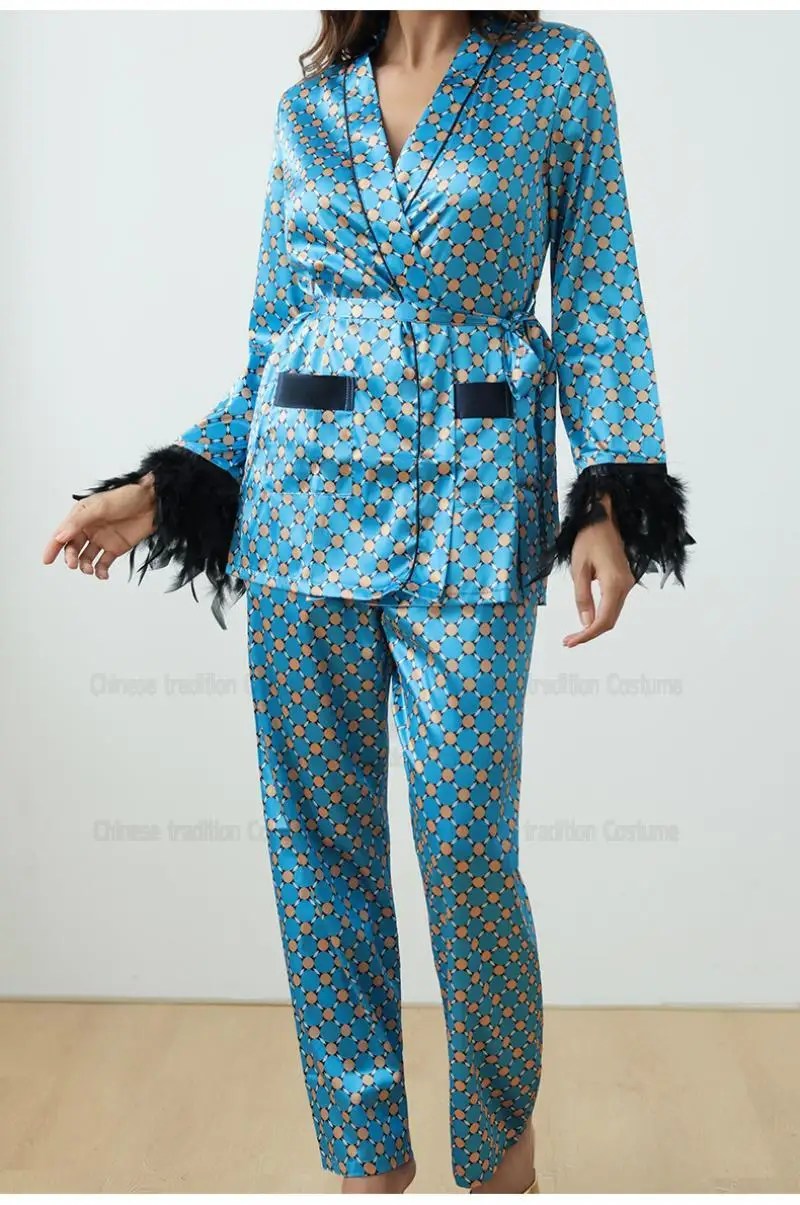 Green Sleepwear Women Elegant Long Sleeve Top Pants Print Feather Trim Pajamas Suit 2Pcs Loungewear Nightwear Satin Homewear 4
