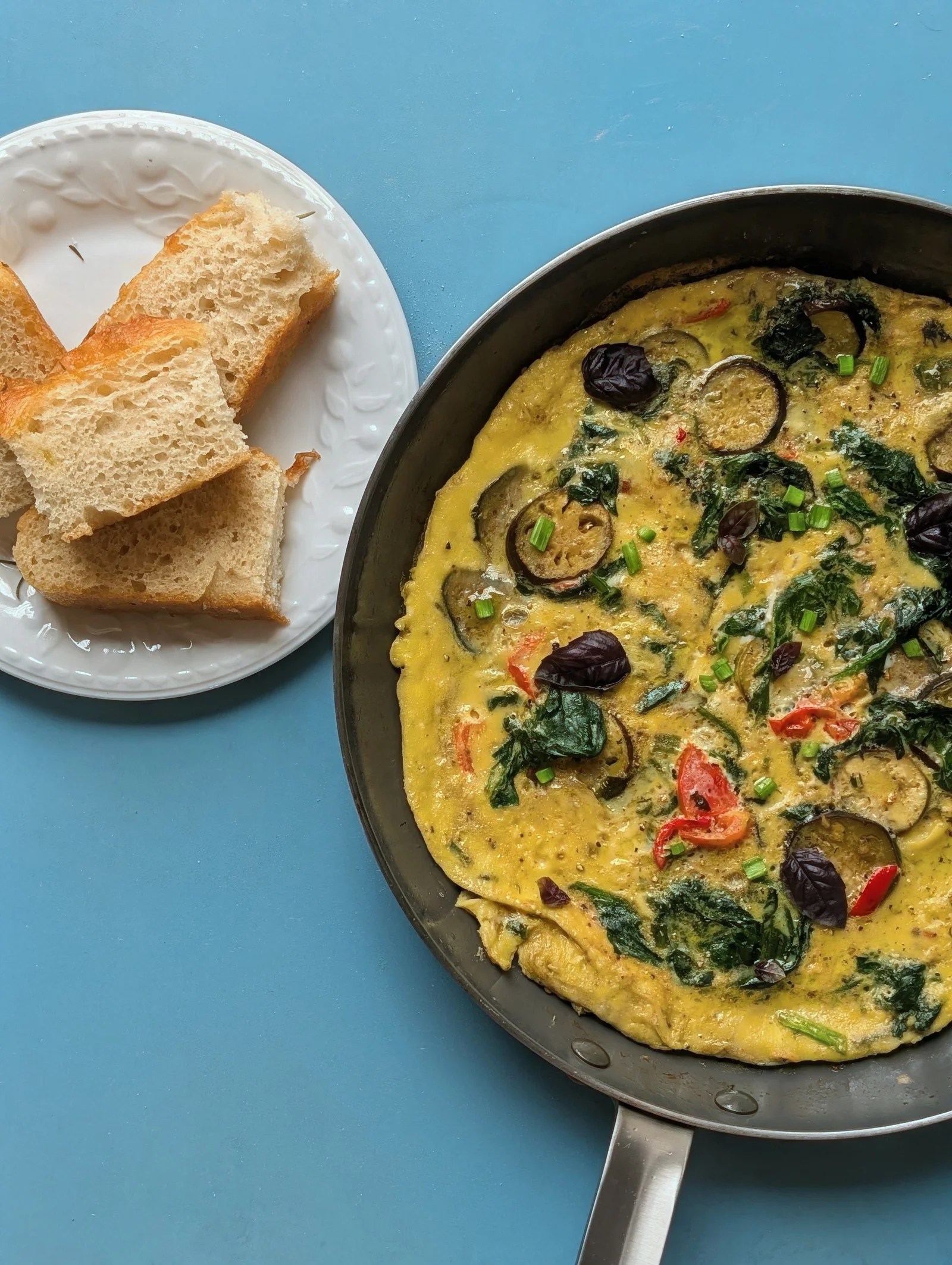 a photo of our omelet with focaccia bread.