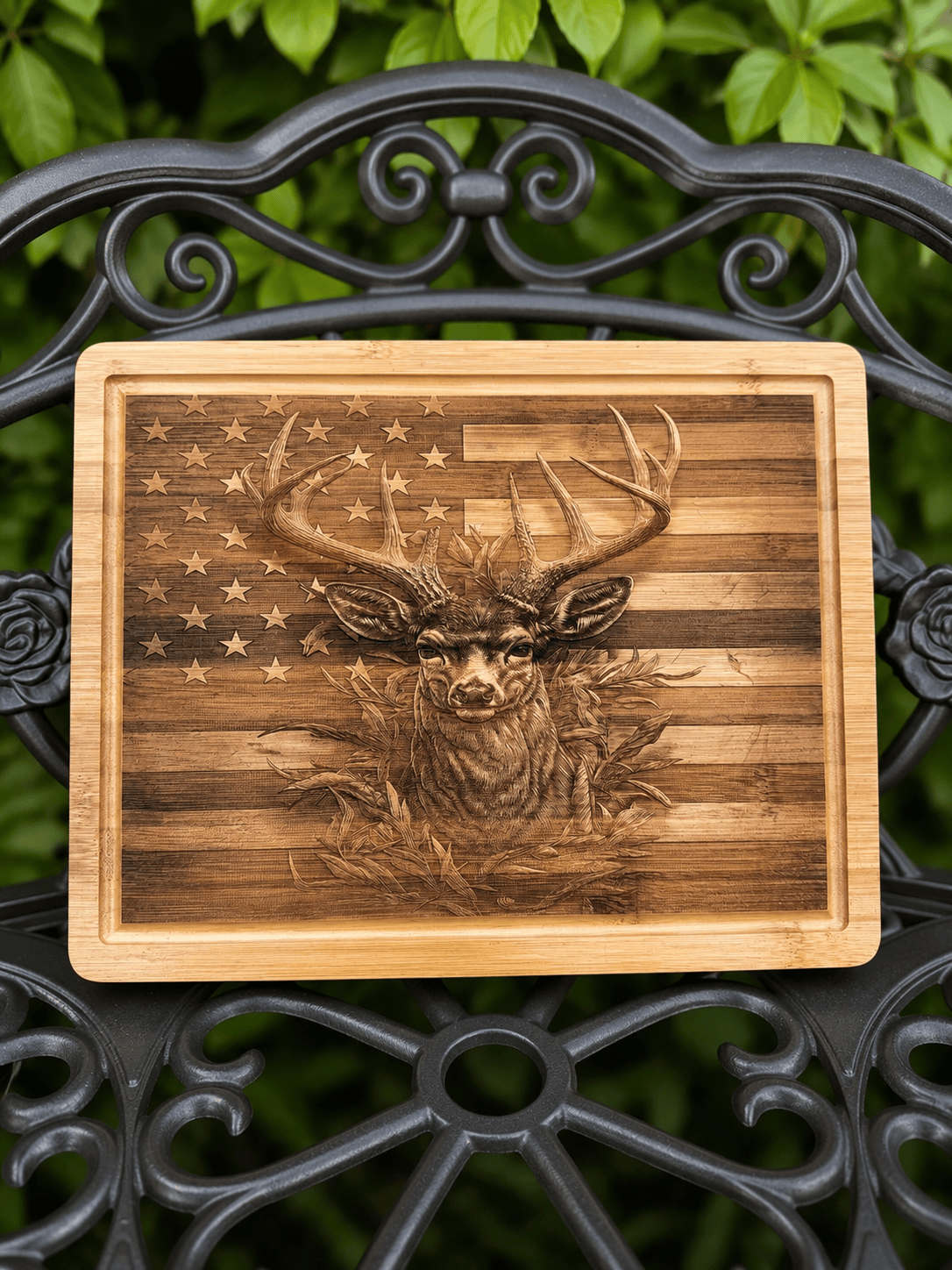 Majestic Buck & American Flag Engraved Bamboo Serving Board-Large