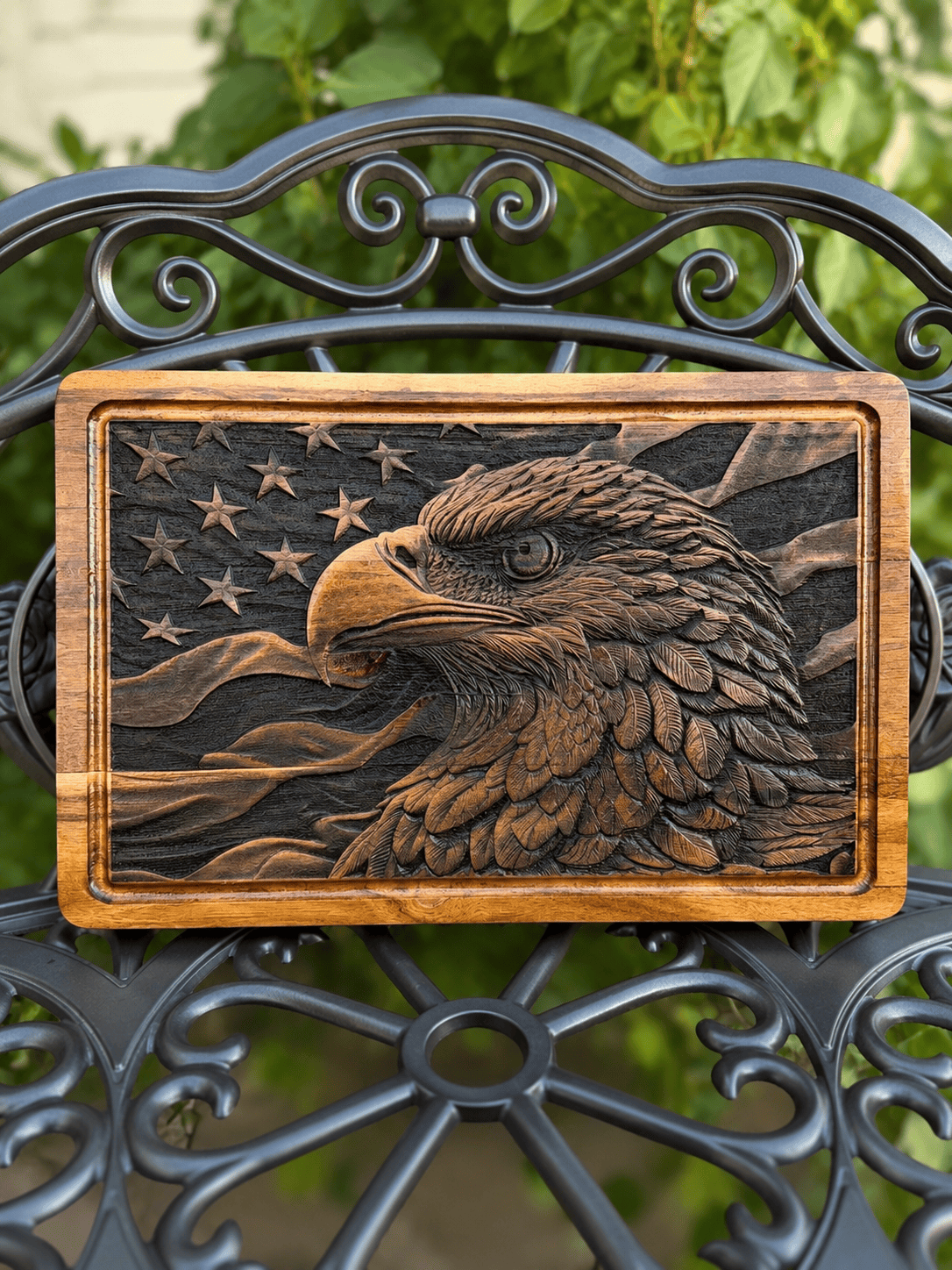 Patriotic Eagle Engraved Bamboo Cutting Board-Large with metal handles