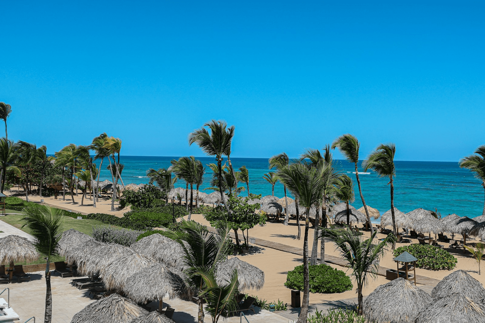 Tropical beach scene with huts and palm trees.