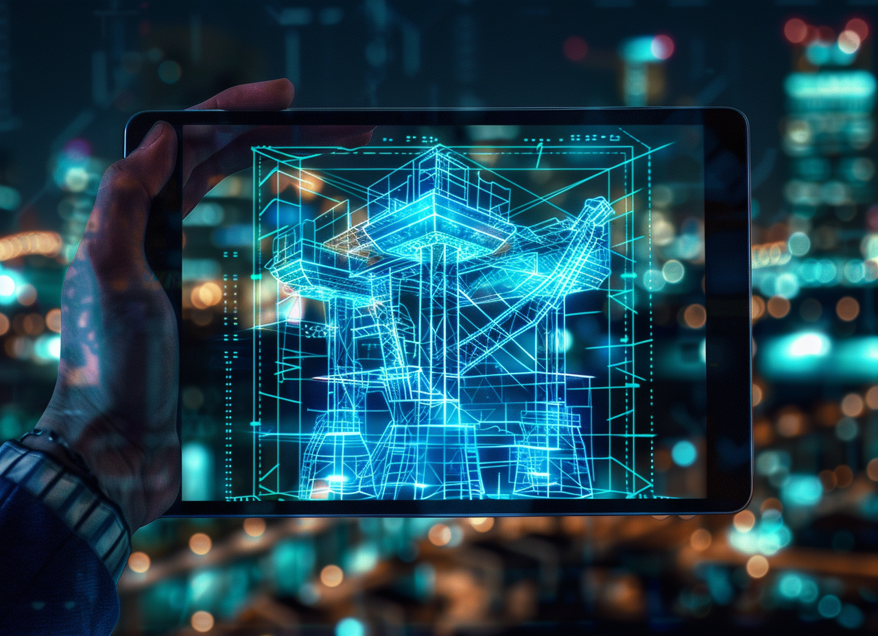 A digital wireframe of a mine shaft on a tablet, symbolizing specialized website development for the mining sector.