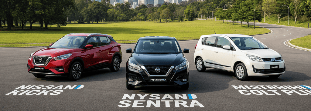 Three cars parked on a road in a green park area: a red Nissan Kicks on the left, a black Nissan Sentra in the center, and a white Mitsubishi Colt Plus on the right.