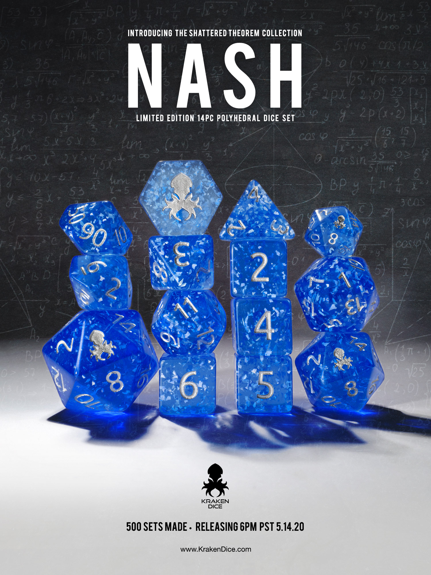 Shattered Theorem Dice Series Math Rocks by Kraken Dice. Nash Blue Dice Set
