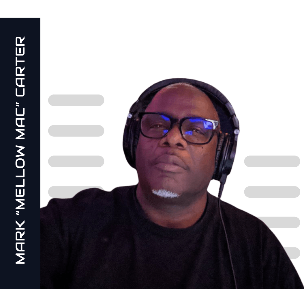 The Mellow Mac wearing black t-shirt glasses and headphones