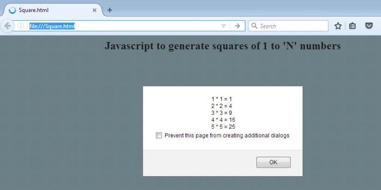 Javascript to generate squares of 1 to n numbers - Krazytech
