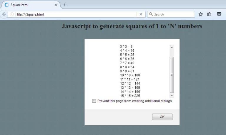 Javascript to generate squares of 1 to n numbers - Krazytech