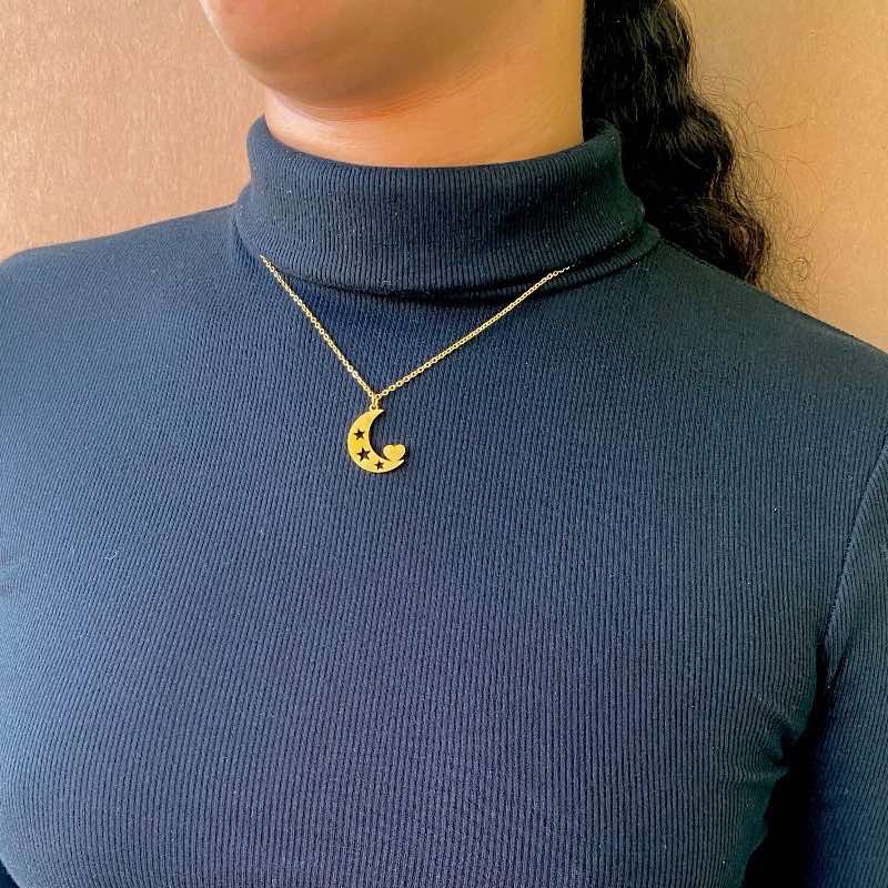 Colar lua e coração de aço inoxidável - Kriolas Biju